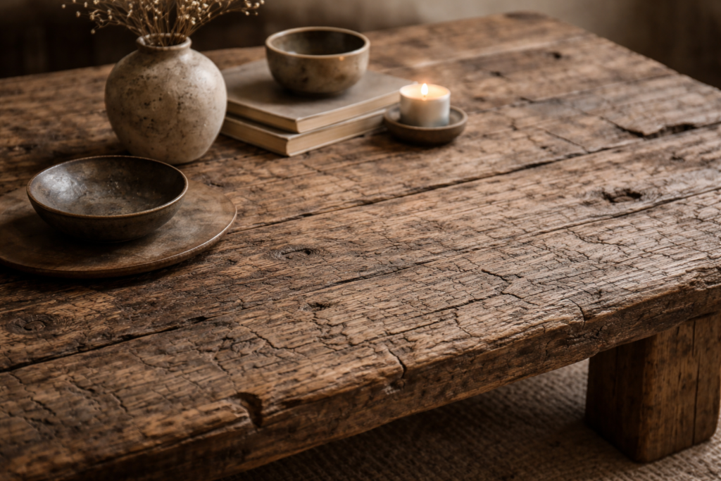 Wabi-Sabi & Zen: The Timeless Philosophy That Can Transform Your Home (and Your Life) faded wooden table